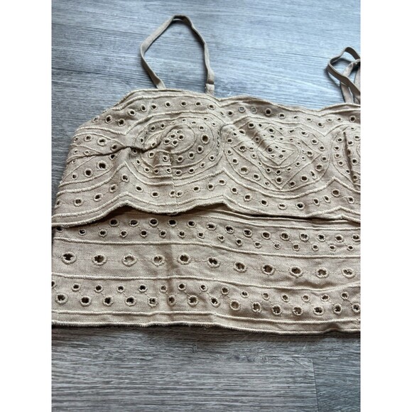 NWT Jason Wu Women Spaghetti Strap Linen Eyelet Smocked Crop Top Sand NWOT Sz 6 - Picture 2 of 8